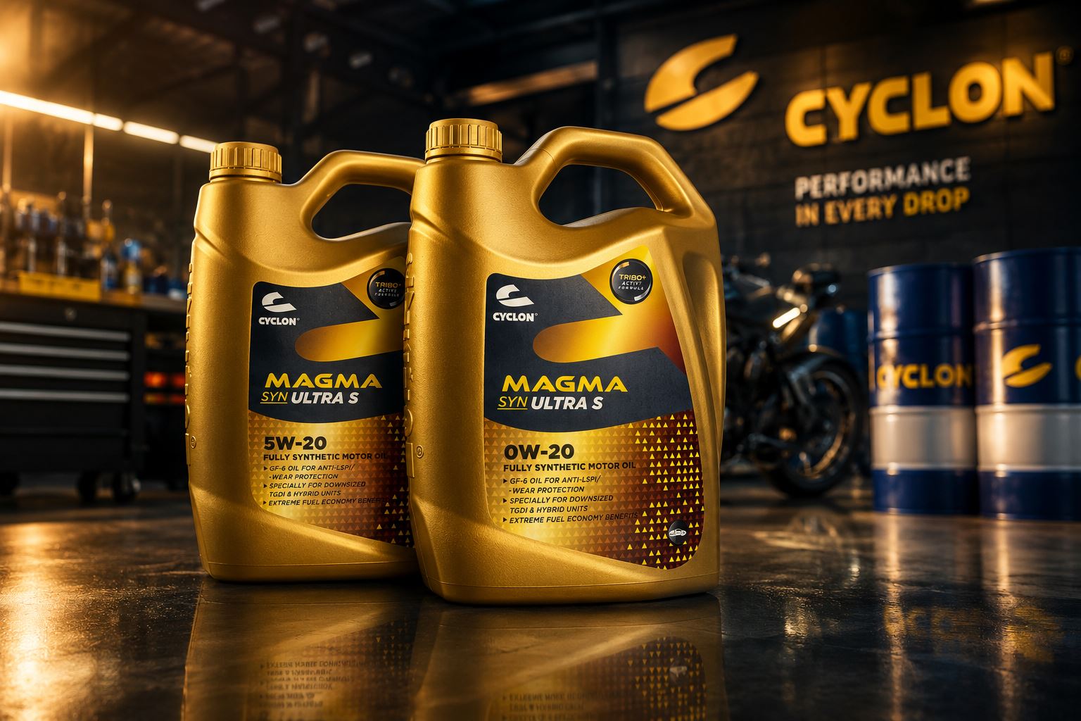 Bidons dorés Cyclon Magma Syn Ultra S 5W-20 et 0W-20