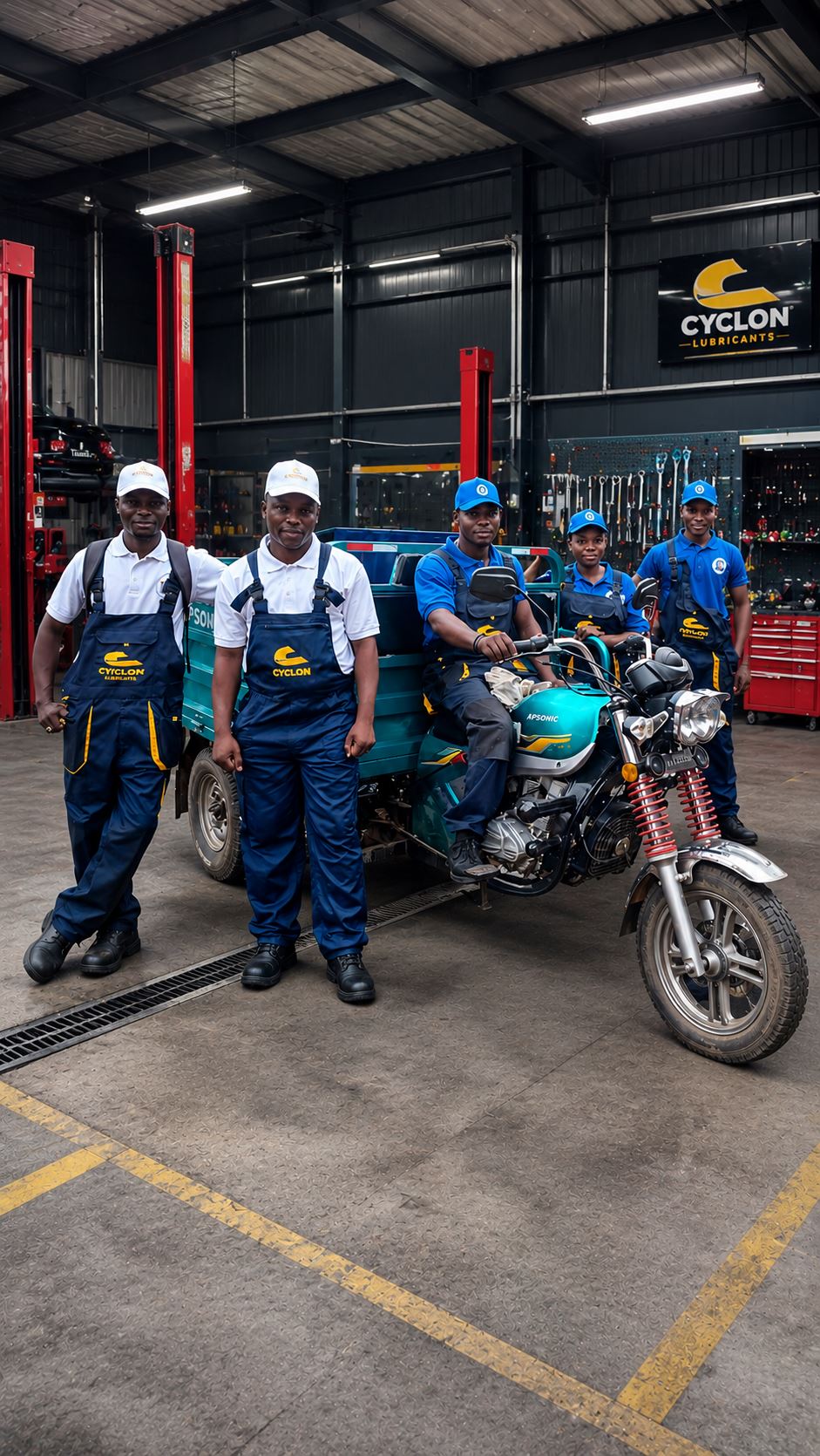 Équipe Cyclon Togo dans l'atelier avec tricycle de livraison