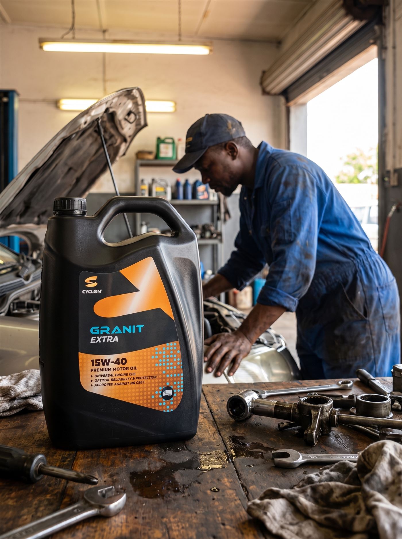 Bidon Cyclon Granit Extra 15W-40 et mécanicien au travail